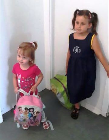 Leaving for first schoolday ever (J) and first day in Reception (R)